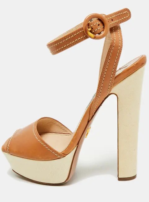Prada Size 37 Brown/White  Leather Platform Ankle Strap Sandals