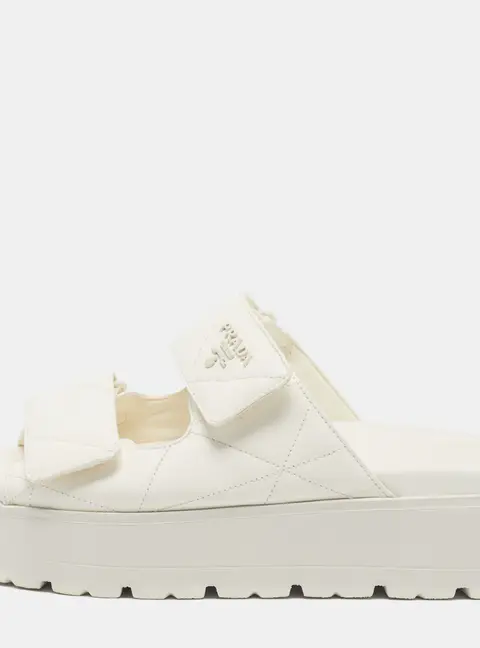 Prada Size 37.5 Cream Quilted Leather Platform Slide Sandals