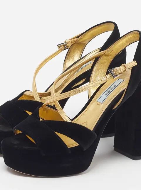 Prada Size 37 Black/Gold Suede and Velvet Ankle Strap Pumps