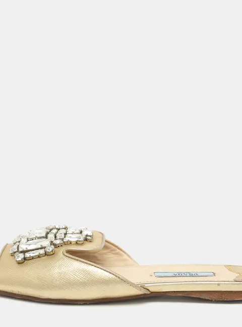 Prada Size 37 Gold Saffiano Leather Crystal Embellished Flat Sandals