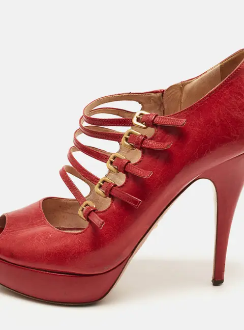 Prada Size 41 Red Leather Platform Strappy Pumps