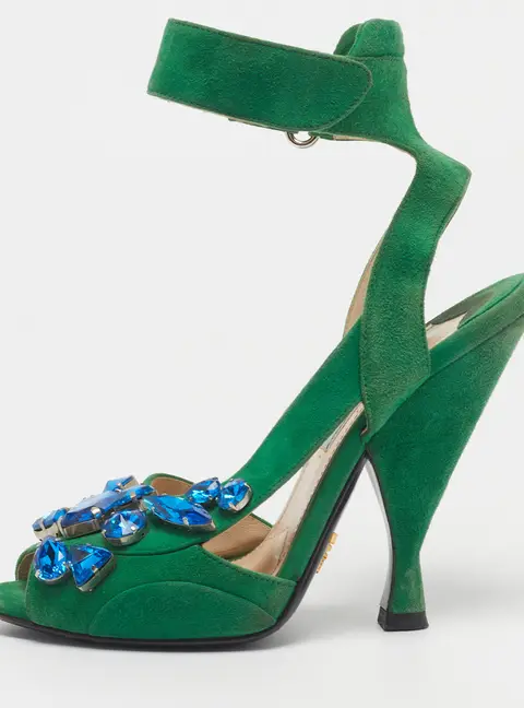 Prada Size 36 Green Suede Crystal Embellished Ankle Strap Sandals