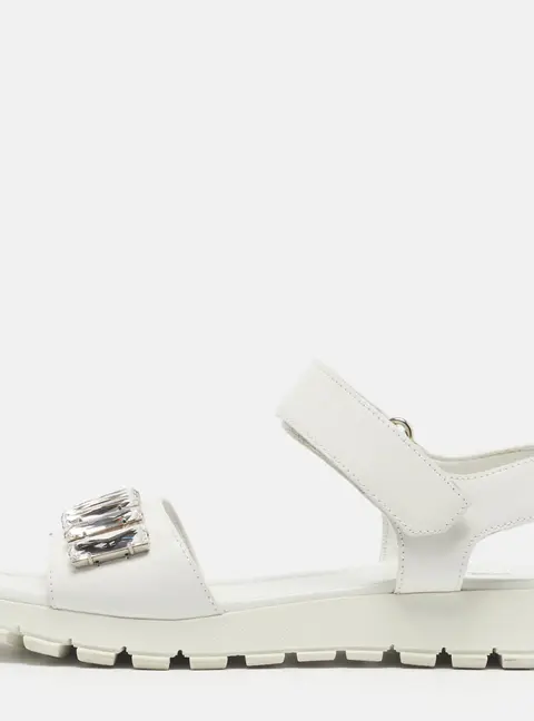 Prada Size 39 White Leather Crystal Embellished Flat Slingback Sandals