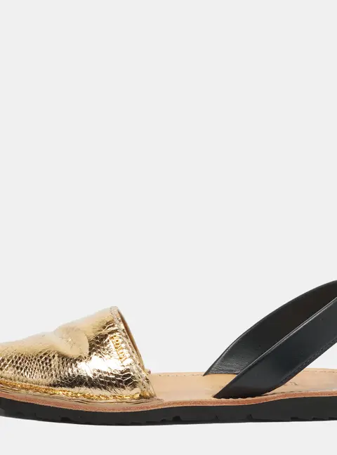 Prada Size 38.5 Gold/Black Python Embossed and Leather Flat Sandals