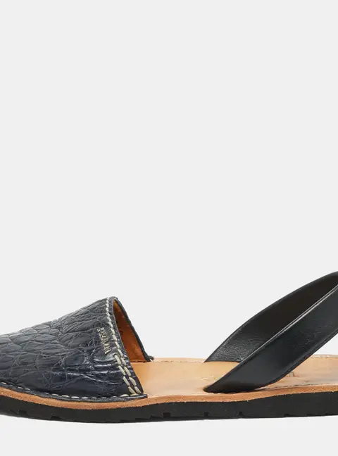 Prada Size 38.5 Navy Blue/Black Croc Embossed and Leather Flat Sandals