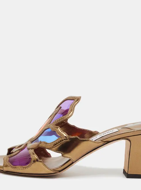 Jimmy Choo Size 38 Gold Leather and PVC Slide Sandals