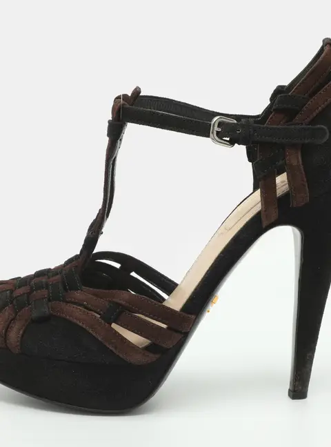 Prada Size 37 Black/Brown Suede Ankle Strap Platform Sandals