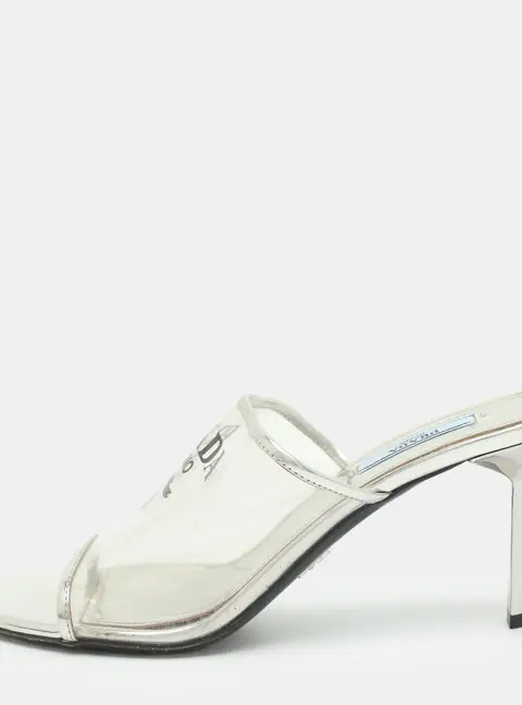 Prada Size 39 Transparent PVC Logo Print Slide Sandals