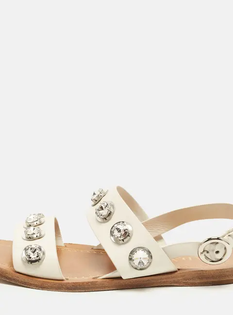 Prada Size 37 White Leather Crystal Embellished Flat Slingback Sandals
