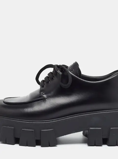 Prada Monolith Size 38 Black Leather Platform Lace Up Derby