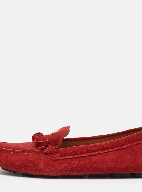 Prada Size 38 Red Suede Logo Bow Loafers