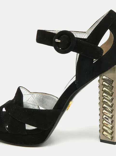 Prada Size 38 Black Suede Crystal Embellished Block Heel Ankle Strap Sandals