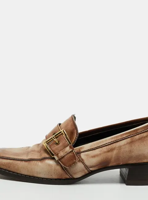 Prada Size 37 Two Tone Leather Buckle Detail Penny Loafers