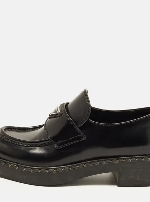 Prada Size 37 Black Leather Logo Plague Loafers