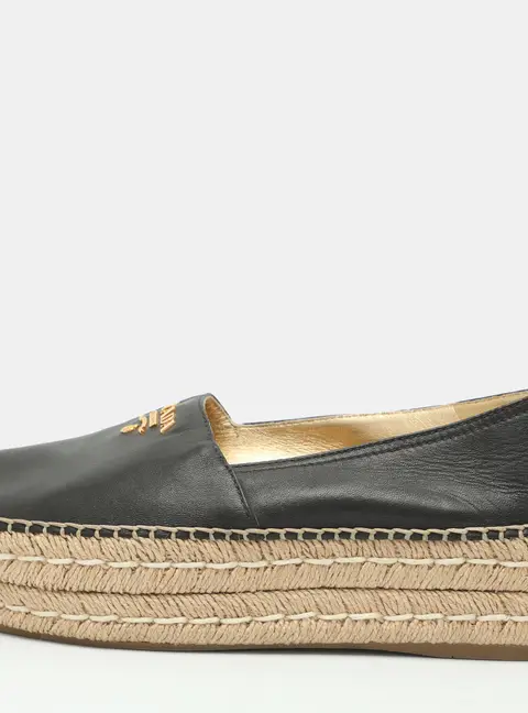 Prada Size 37 Black Leather Platform Espadrille Flats