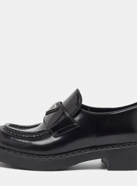 Prada Triangle Size 37 Black Leather Brush Platform Loafers