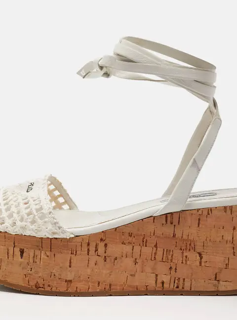 Prada Size 37 White Leather and Raffia Cork Platform Ankle Strap Sandals