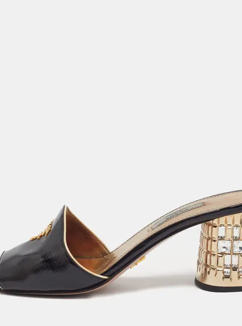 Prada Size 37.5 Black Saffiano LeatherCrystal Embellished Block Heel Slide Sandals