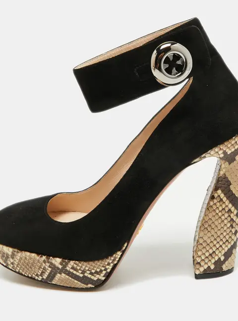 Prada Size 38 Black/Brown Python Leather and Suede Platform Ankle Strap Pumps