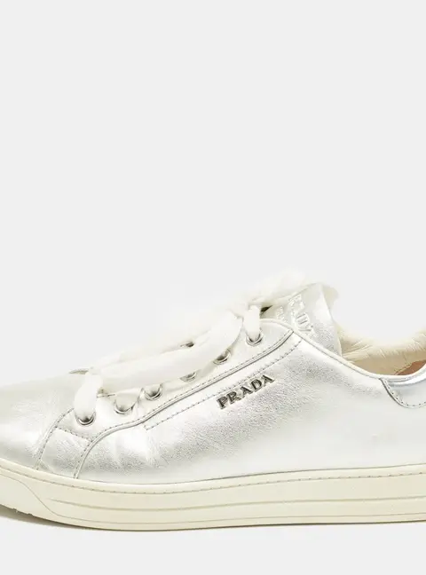 Prada Size 39 Metallic Silver Leather Low Top Sneakers