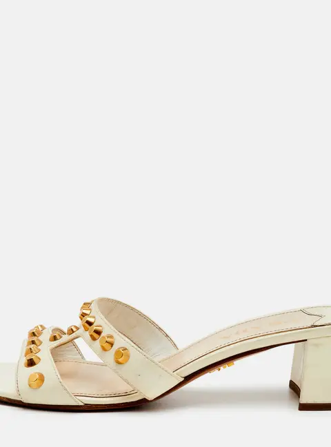 Prada Size 37 Cream Patent Leather Studded Slide Sandals