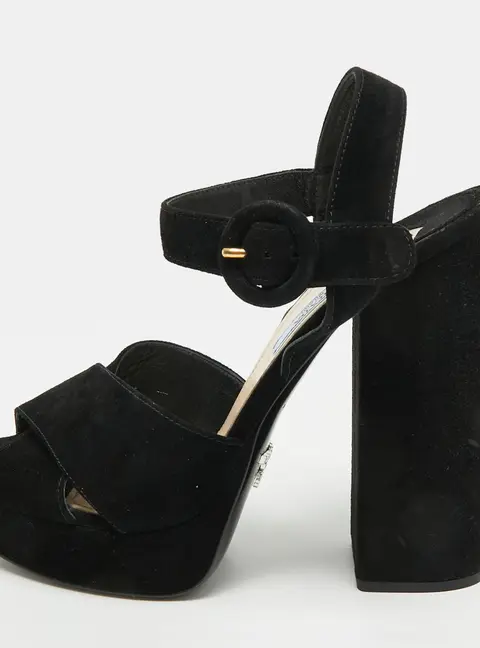 Prada Size 37 Black Suede Platform Ankle Strap Pumps