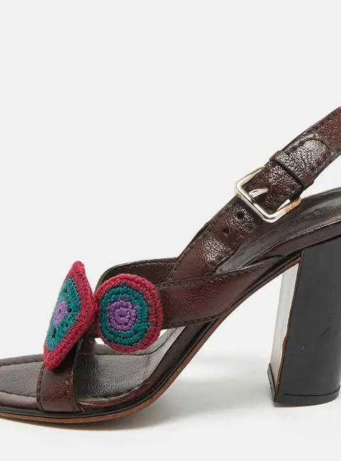 Prada Size 38 Dark Brown Leather Embellished Cross Strap Slingback Sandals