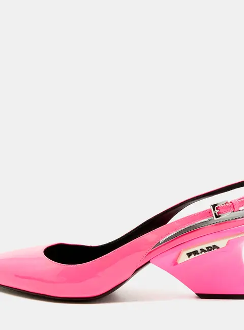 Prada Size 40 Pink Patent Leather Logo Pointed Toe Wedge Slingback Pumps