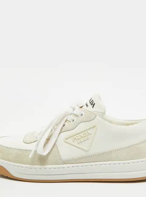 Prada Size 38.5 White/Grey Leather and Suede Triangle Logo Lace Up Sneakers