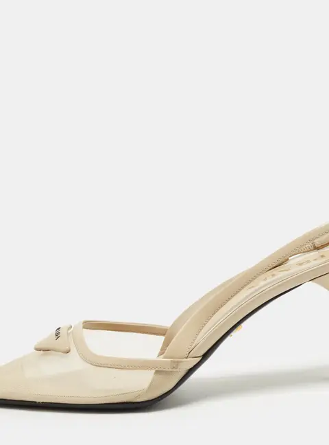 Prada Size 40 Beige Leather and Mesh Triangle Logo Slingback Pumps