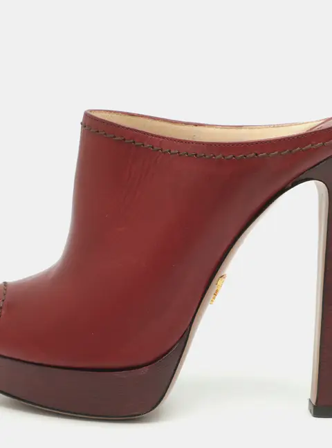 Prada Size 37 Burgundy Leather Peep Toe Platform Mules