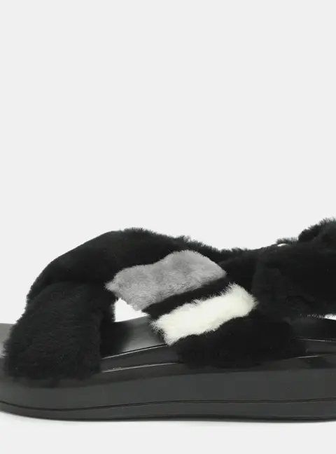 Prada Size 37 Black Faux Fur Criss Cross Strap Flat Sandals