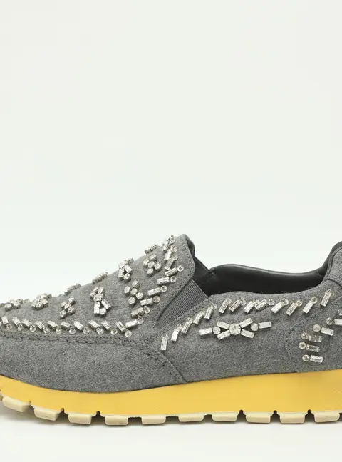 Prada Size 37.5 Grey Crystals and Fabric Slip On Sneakers