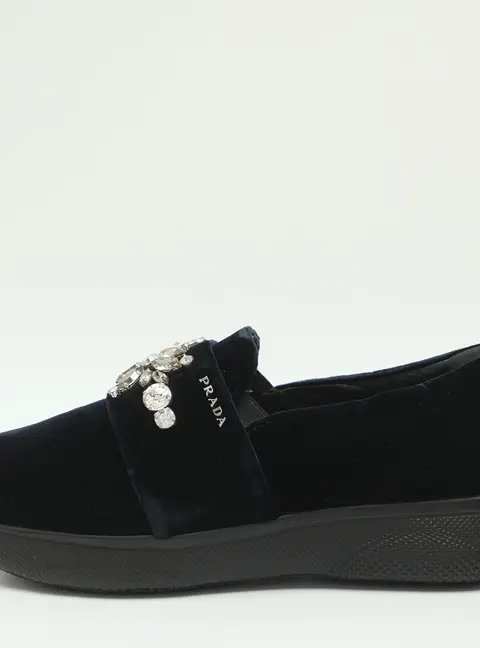 Prada Size 37.5 Dark Navy Velvet Crystal Embellished Slip On Sneakers