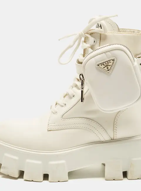 Prada Monolith Size 37 White Leather and Nylon Combat Boots