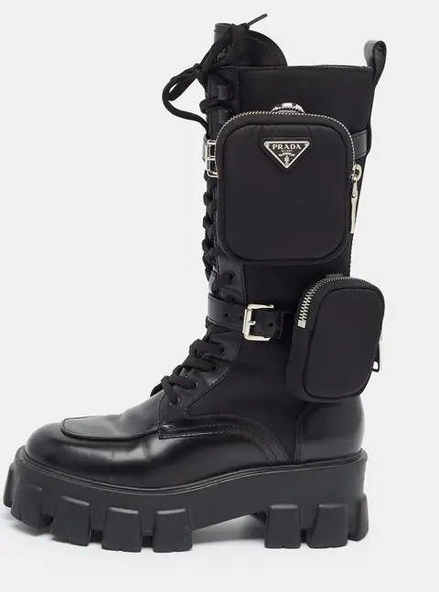 Prada Monolith Size 37 Black Leather and Nylon Combat Boots