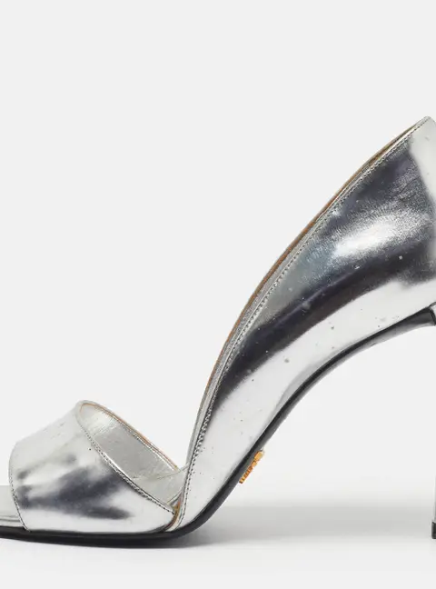 Prada Size 39 Metallic Silver Leather Open Toe D'orsay Pumps