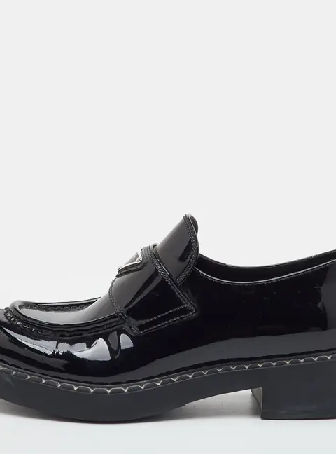Prada Triangle Logo Size 38 Black Patent Leather Platform Loafers