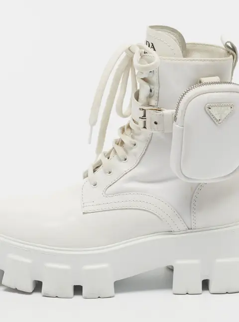 Prada Monolith Size 37.5 White Leather and Nylon Combat Boots