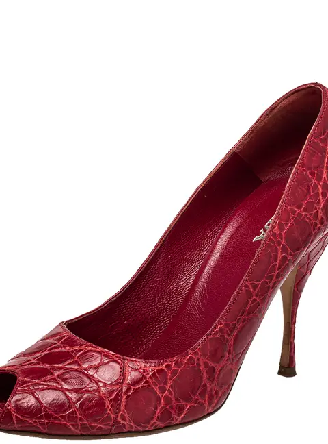 Prada Red Embossed Leather Peep Toe Pumps Size 40