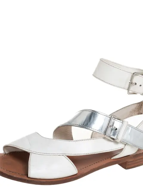 Prada White/Silver Leather Flat Ankle Strap Sandals Size 37