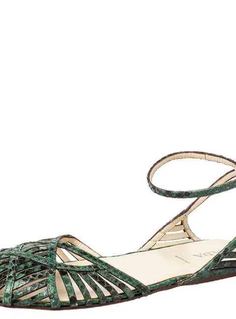 Prada Green/Black Python Flat Ankle Strap Sandals Size 37