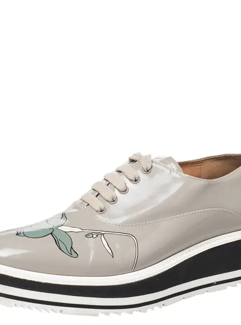Prada Grey Leather Flower Print Platform Lace Up Oxford Size 38