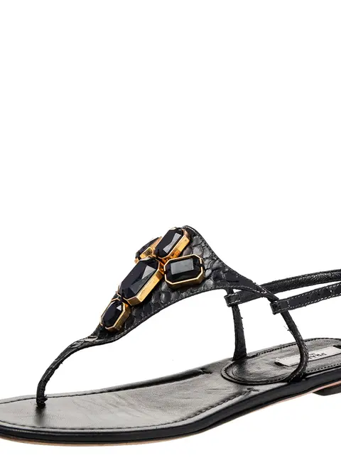 Prada Black Python Embellished Thong Flat Sandals Size 38