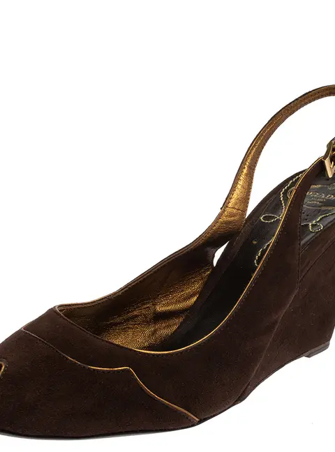Prada Brown Suede Wedge Peep Toe Sandals Size 41