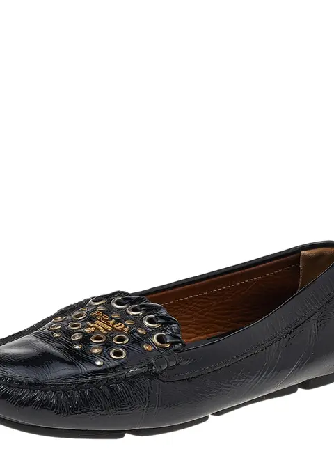Prada Black Patent Leather Studded Slip On Loafers Size 36
