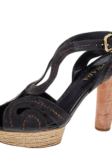 Prada Brown Leather Espadrille Platform Wooden Heel Ankle Sandals Size 40