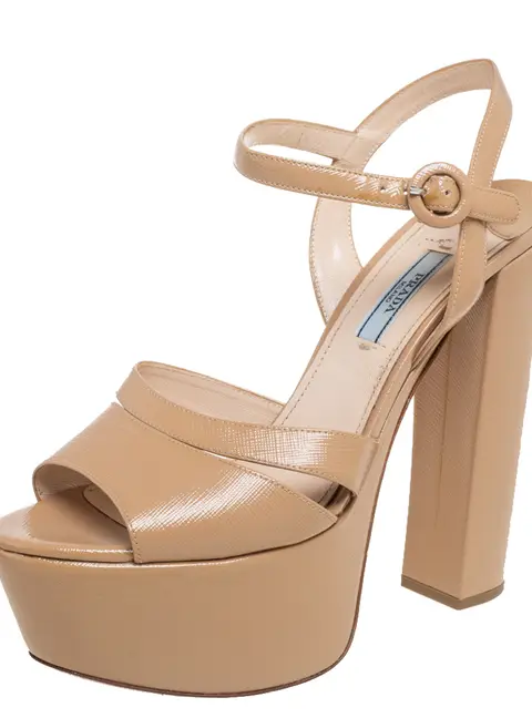 Prada Beige Patent Leather Platform Ankle Strap Sandals Size 39