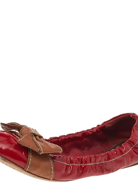 Prada Red/Brown Patent Leather Bow Scrunch Ballet Flats Size 38