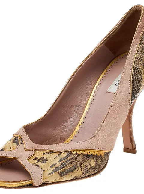 Prada Multicolor Lizard Leather And Suede Open Toe Pumps Size 36.5